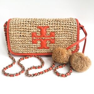 Tory Burch Orange and Raffia Purse with Gold Tone Chain Strap and Pom Poms